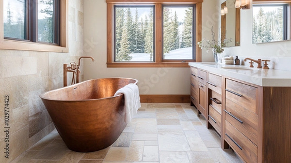 Fototapeta luxurious bathroom featuring freestanding copper bathtub, wooden cabinetry, and large windows showcasing serene snowy landscape. warm tones create cozy atmosphere