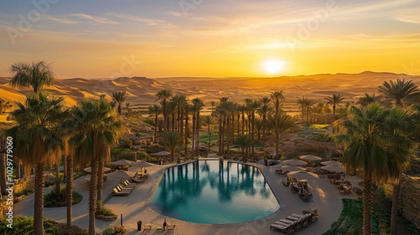Fototapeta A lush oasis in the middle of a vast, golden desert, with tall palm trees surrounding a pool of crystal-clear water