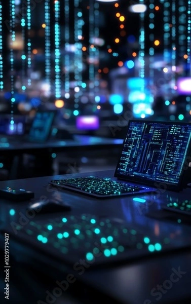 Fototapeta A techdriven office filled with smart desks, AI assistants, and holographic screens, symbolizing the future of digital workspaces