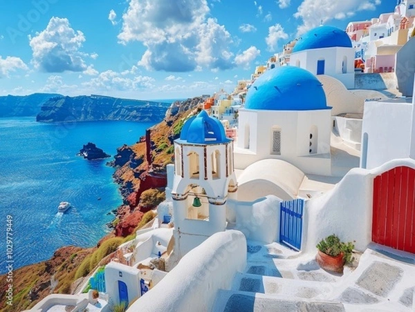 Fototapeta iew from an open window with blue shutters of the Aegean sea caldera coastline and whitewashed town of Oia Santorini Greece - ai