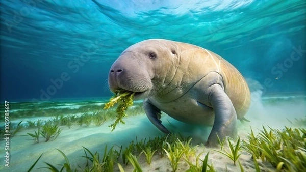 Fototapeta Underwater photo of a dugong feeding on seagrass, also known as a sea cow
