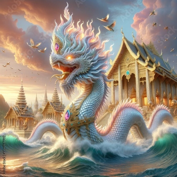 Obraz Majestic Naga and Golden Temple: A Hyper-Realistic Depiction of a Mythical Serpent Rising from Ocean Waves, Set Against a Stunning Backdrop of an Intricate Southeast Asian Temple, Embodying Power