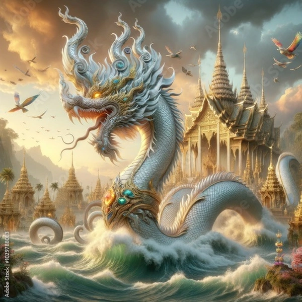 Obraz Majestic Naga and Golden Temple: A Hyper-Realistic Depiction of a Mythical Serpent Rising from Ocean Waves, Set Against a Stunning Backdrop of an Intricate Southeast Asian Temple, Embodying Power