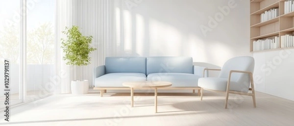 Fototapeta A living room with a blue couch and a white chair. The room is bright and airy, with a potted plant in the corner. The furniture is simple and minimalistic, giving the room a clean