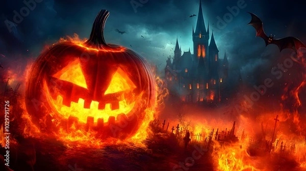 Fototapeta Halloween night scene background with castle with halloween pumpkin within flames in the graveyard and bats in the night
