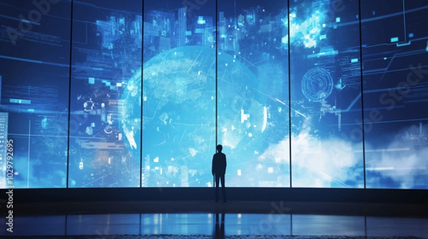 Fototapeta Envisioning the Future of Business with Cutting-Edge Technology: Artificial Intelligence, Blockchain, and Augmented Reality Driving Efficiency and Profitability in a Sleek, Minimalist Design