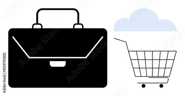 Fototapeta Black briefcase beside shopping cart with blue cloud. Ideal for business shopping e-commerce marketing cloud storage symbolism vector style simple minimalistic concept
