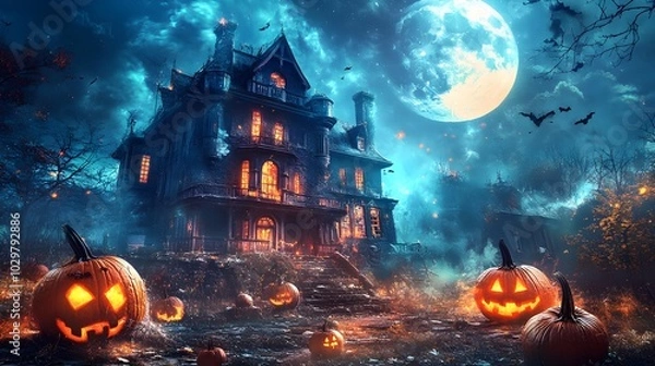 Fototapeta Halloween scene horror background with creepy pumpkins of spooky halloween haunted mansion Evil houseat night with full moon