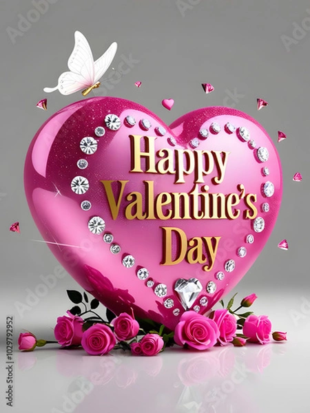 Fototapeta A 3D render of a huge, shiny, pink heart with the inscription "Happy Valentine's Day" in elegant gold letters. A graceful butterfly with delicate wings dances among the flowers. A silver heart and dia