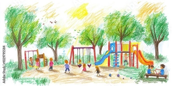 Fototapeta Children play on colorful playground in park.