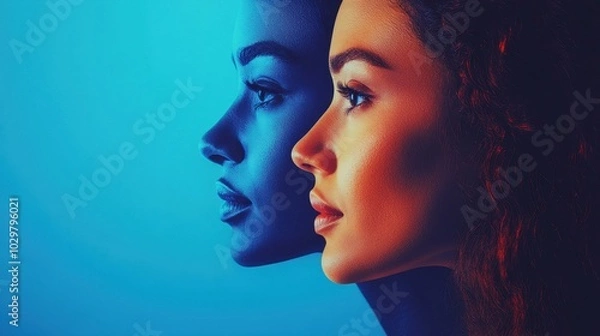 Obraz Two diverse women showcase interpersonal skills, emphasizing emotional intelligence and collaboration in a clean setting.