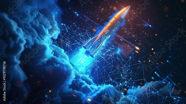 Fototapeta Futuristic Rocket Launch: Vibrant Blue Lines and Abstract Connections in Digital Art