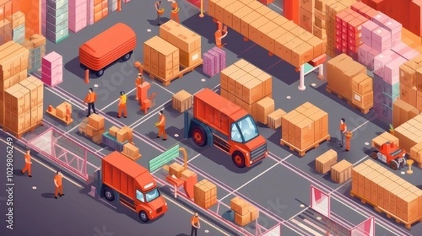 Fototapeta Warehouse Workers Busy Loading and Unloading Packages