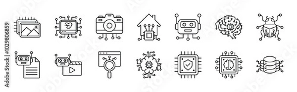 Fototapeta Artificial intelligence thin line icon set. Containing image,  medication, camera, home, robot process