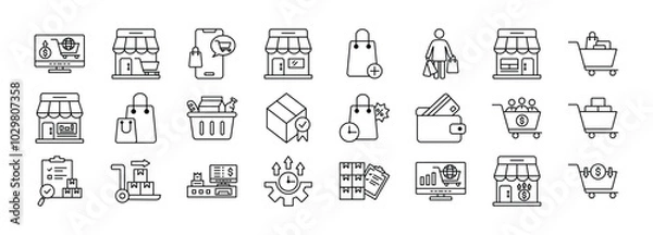 Fototapeta Ecommerce thin line icon set. Containing Ecommerce, Retail, Online Shopping, Marketplace, Bag Plus