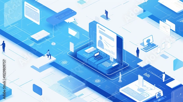 Fototapeta Envisioning the Future of Business with Cutting-Edge Technology: Artificial Intelligence, Blockchain, and Augmented Reality Driving Efficiency and Profitability in a Sleek, Minimalist Design