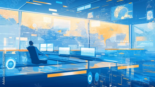 Fototapeta Envisioning the Future of Business with Cutting-Edge Technology: Artificial Intelligence, Blockchain, and Augmented Reality Driving Efficiency and Profitability in a Sleek, Minimalist Design
