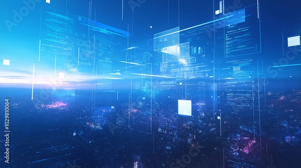 Fototapeta Envisioning the Future of Business with Cutting-Edge Technology: Artificial Intelligence, Blockchain, and Augmented Reality Driving Efficiency and Profitability in a Sleek, Minimalist Design
