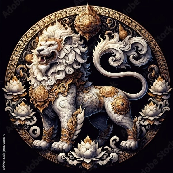 Fototapeta Majestic lion: A Hyper-Realistic Depiction of a Mythical Thai Guardian, Adorned with Intricate Golden Embellishments, Poised in a Dynamic Stance Within an Ornate Frame, Exuding Power, Grace,