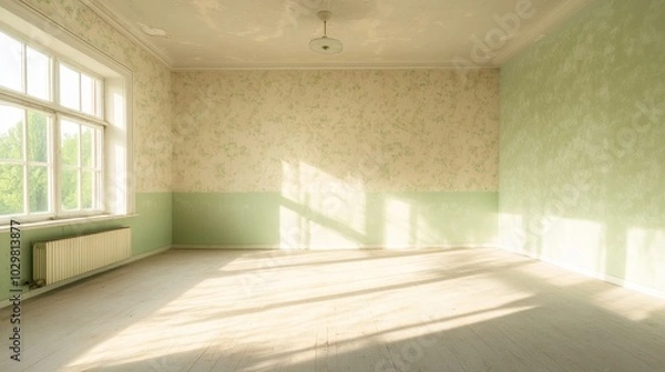 Fototapeta A large empty room with a green wall and white trim. The room is very clean and empty