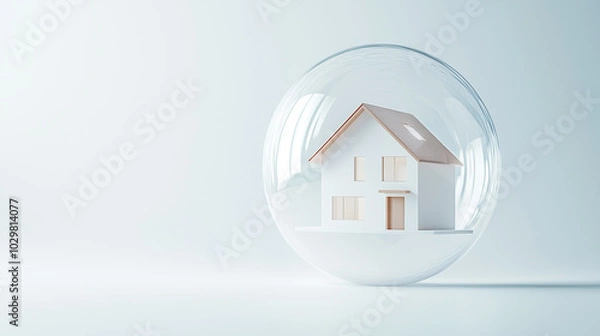 Obraz Home Protection: A miniature house nestled inside a transparent sphere symbolizes safety, security, and the safeguarding of one's home.  A minimalist, conceptual image representing insurance.