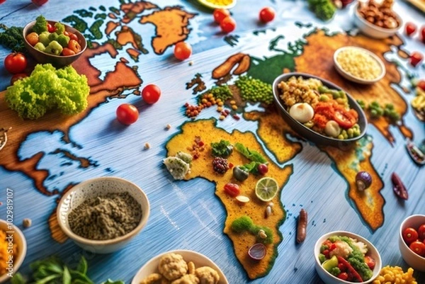 Fototapeta World map featuring foods from different cultures global atlas concept