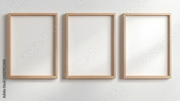 Fototapeta Three wooden framed white pictures on a wall. The frames are empty and the wall is white. The empty frames give the impression of a blank canvas waiting to be filled with art or photographs
