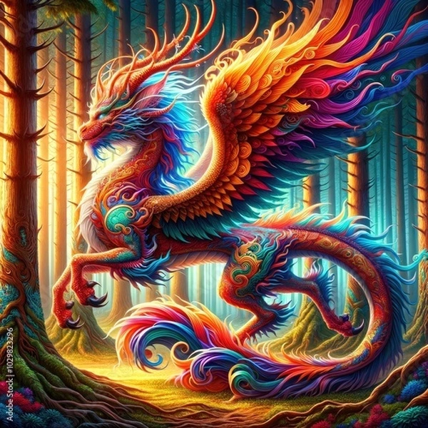 Obraz Guardian of the Enchanted Forest: A Hyper-Realistic Fiery Qilin-Dragon with Vibrant Wings, Ornamental Patterns, and Iridescent Scales Standing Majestically Amidst Sunlit Trees in a Mystical Woodland