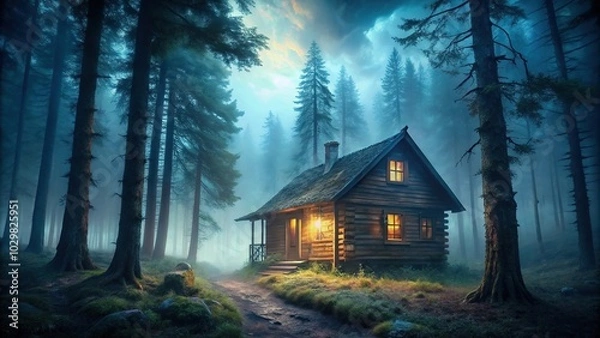 Fototapeta Scary haunted cabin in misty forest at night, low angle view