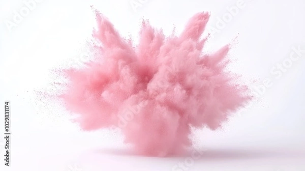 Fototapeta A pink cloud of smoke is blowing in the air. The pink color of the smoke is very bright and stands out against the white background. Concept of energy and excitement, as if something powerful