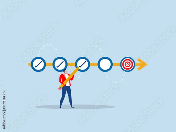 Fototapeta Goal tracker Task completion entering check mark concept,Businessman project manager holding big pencil to check completed tasks in project management timeline.