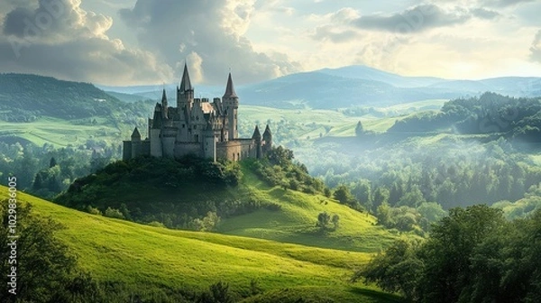 Fototapeta A fairytale castle sits on a hill overlooking a lush