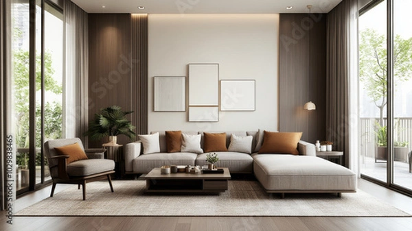 Fototapeta A modern living room featuring spacious sofa with orange cushions, stylish armchair, and large windows that bring in natural light. decor is minimalistic and elegant, creating serene atmosphere