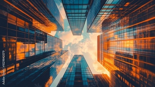 Fototapeta A stunning view of skyscrapers from below, showcasing reflections of blue glass and a vibrant sunset in the sky.