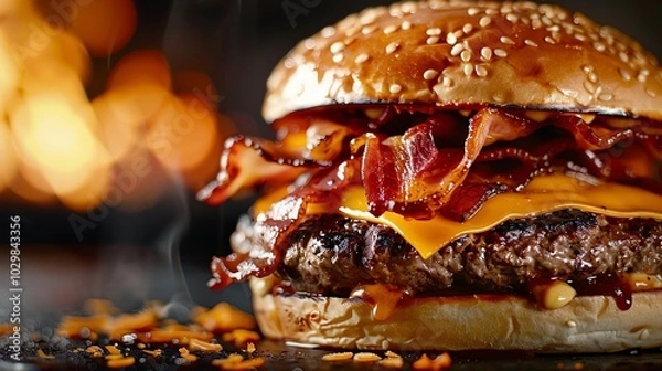 Fototapeta Chargrilled burger with crispy bacon and cheddar cheese, smoky setting, 3D illustration