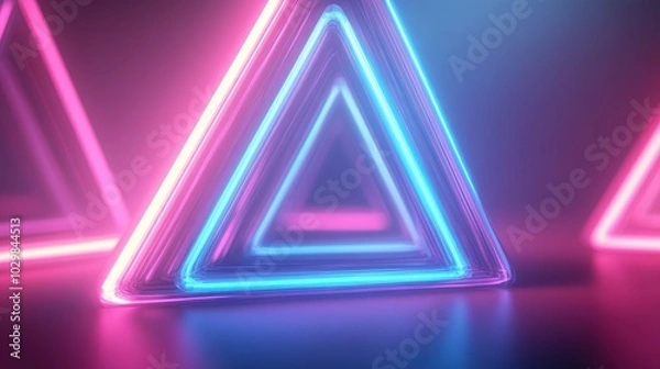Fototapeta A neon sign with a blue, green, and red triangle. The colors are bright and vibrant, creating a lively and energetic atmosphere. The neon sign is surrounded by a dark background