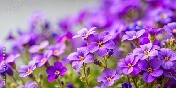 Obraz Tilted angle Aubrieta small purple flowers on a light background