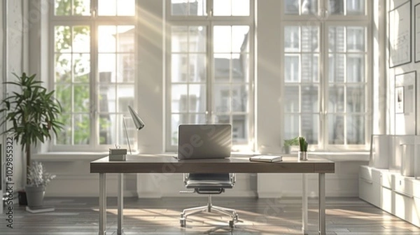 Fototapeta Modern Office Workspace with Sunlight Streaming Through Windows