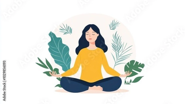 Fototapeta A serene woman meditating amidst lush greenery, embodying peace and tranquility in a modern, minimalist style.