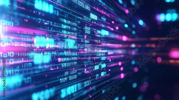 Fototapeta Binary digits in motion, immersive matrix design, glowing neon code