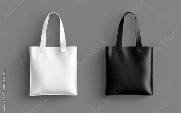 Fototapeta Fabric totebag mockup with a handle, showing a blank black and white cotton eco bag, reusable for grocery shopping, perfect as a vector template for customization 