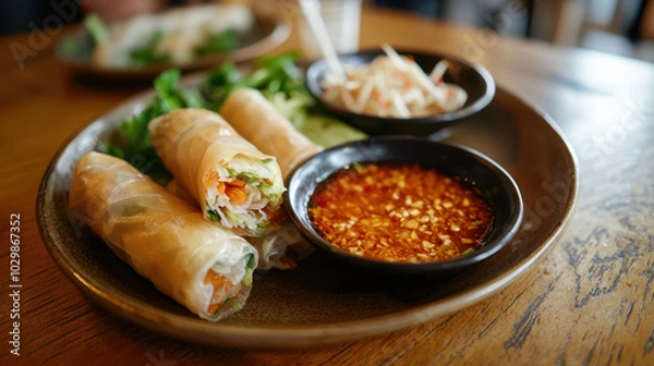 Fototapeta Fresh vegan Thai spring rolls served on plate with dipping sauce, garnished with herbs and vegetables, creating vibrant and appetizing presentation