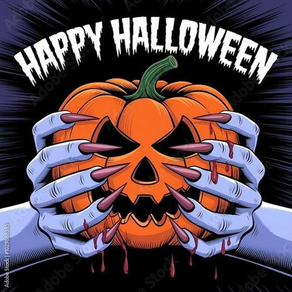 Fototapeta hands are holding a pumpkin with a face, generative ai