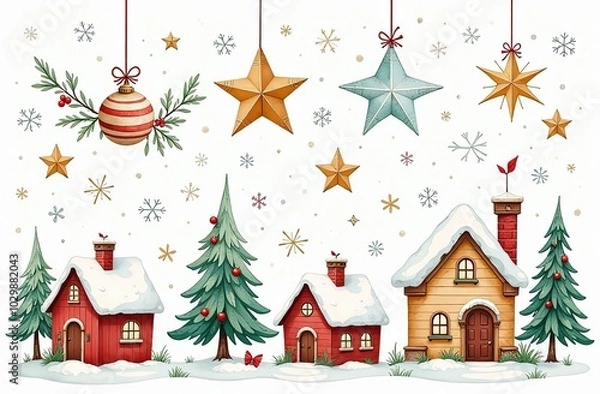 Fototapeta Large set of hand-drawn watercolor illustrations on the theme of Christmas. Cozy Christmas houses. Stars, snowflakes, spruce and branches, festive mood for stickers, decorations, design
