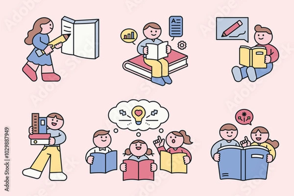 Obraz Cute characters read books, discuss them, and write book reviews. outline simple vector illustration.