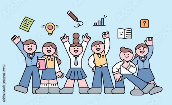 Obraz A group of cute students in their school uniforms are gathered together and striking exciting poses. outline simple vector illustration.