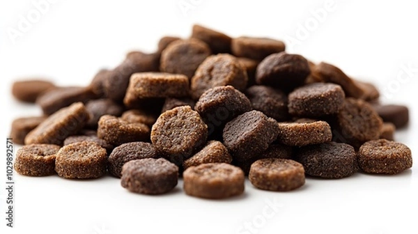 Obraz Tasty dry dog food in a bowl is isolated on a white background in close-up.