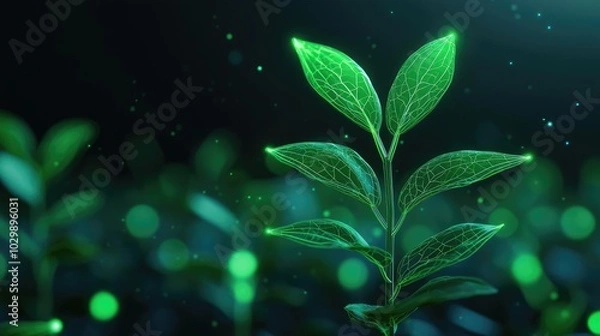 Fototapeta Single green leaf sprout glowing softly in a dark, blurred background