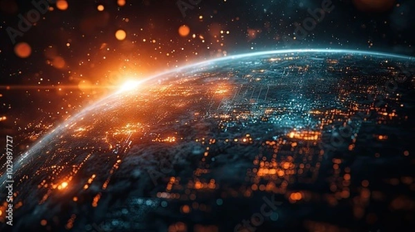 Fototapeta A dark background featuring a futuristic global digital technology depiction of Earth.