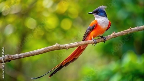 Fototapeta Tropical paradise scene with Long tailed Flycatcher on tilted tree branch in forest